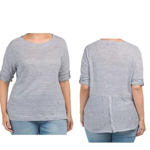 Adrienne Women's 100% linen Striped Tee Shirt Blue White Mature 3XL Casual Top